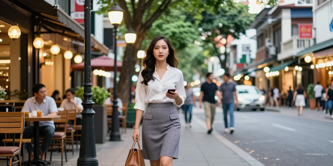Gái gọi trong trang phục thời trang, tự tin đi dạo trên phố sôi động.