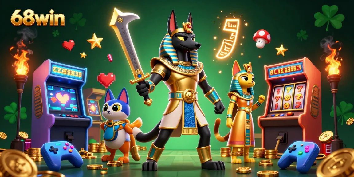 Experience thrilling gaming adventures at 68win with Anubis, Bastet, and vibrant casino elements.