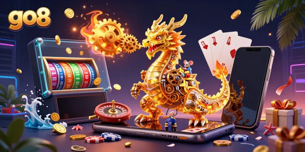 Engage in exciting gaming with go8 as a biomechanical golden dragon breathes golden gears amidst vibrant casino elements.