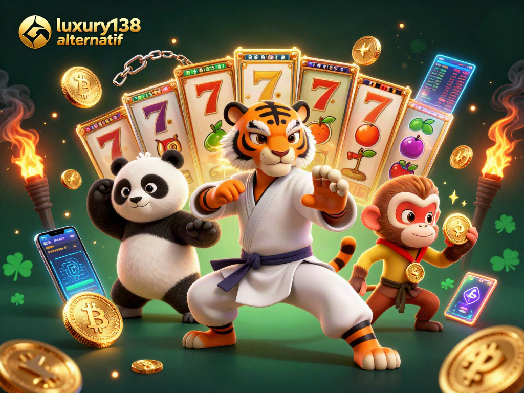 Permainan menarik di luxury138 alternatif dengan simbol slot dan karakter kartun 3D beraksi.