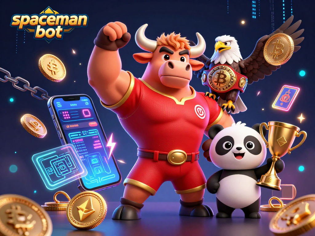 Spin to win with spaceman bot as animated characters celebrate casino victories and crypto excitement.