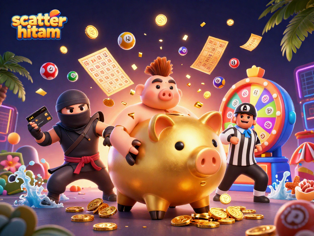 Engage with scatter hitam, featuring a golden piggy bank sumo wrestler and vibrant casino elements.