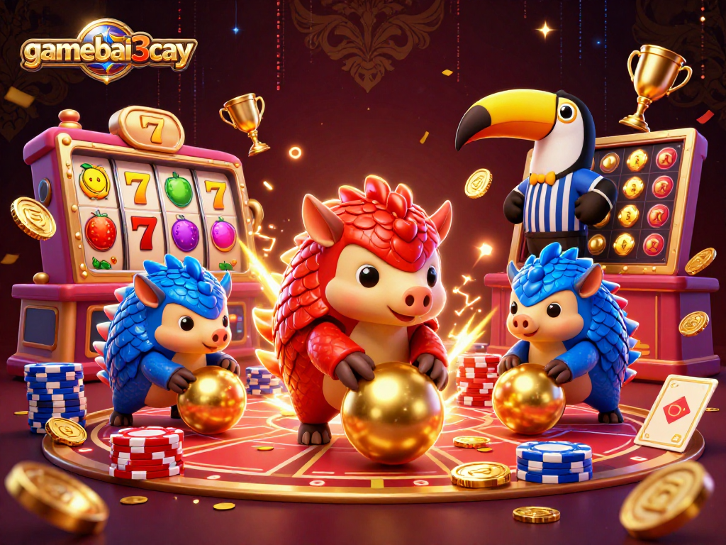 Experience thrilling action at gamebai3cay with pangolins bowling through poker chips in a vibrant casino scene.