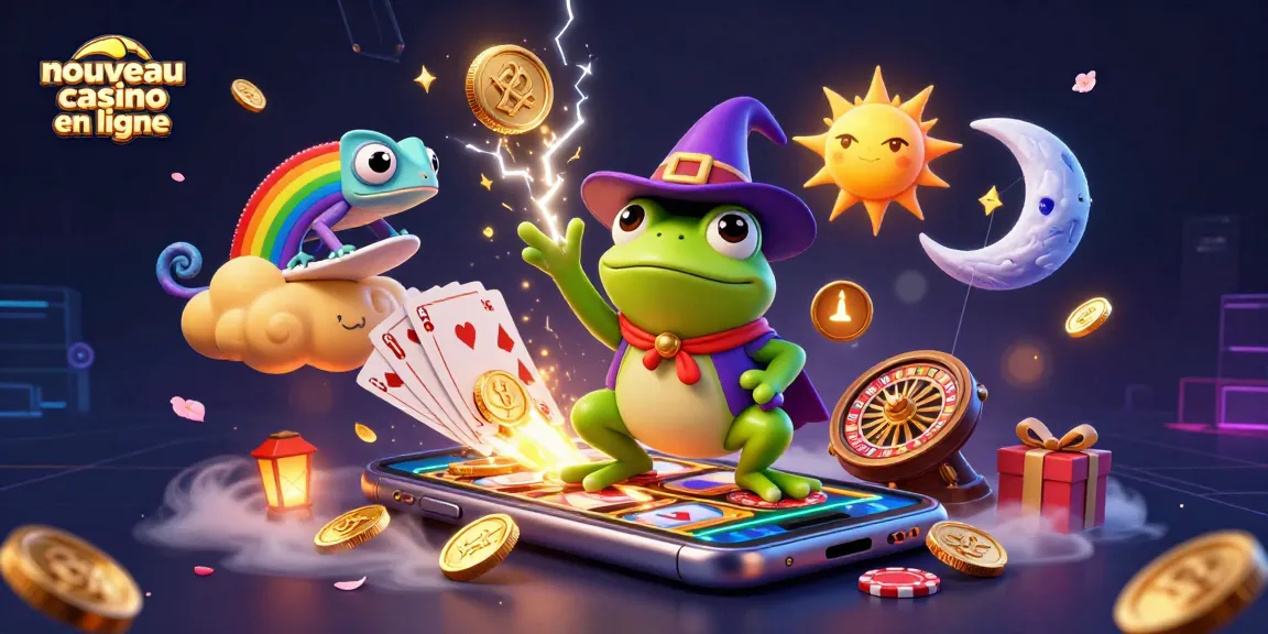 Nouveau casino en ligne : le sorcier grenouille crée une tempête de pièces dorées aux côtés d'un caméléon arc-en-ciel sur un nuage doré.