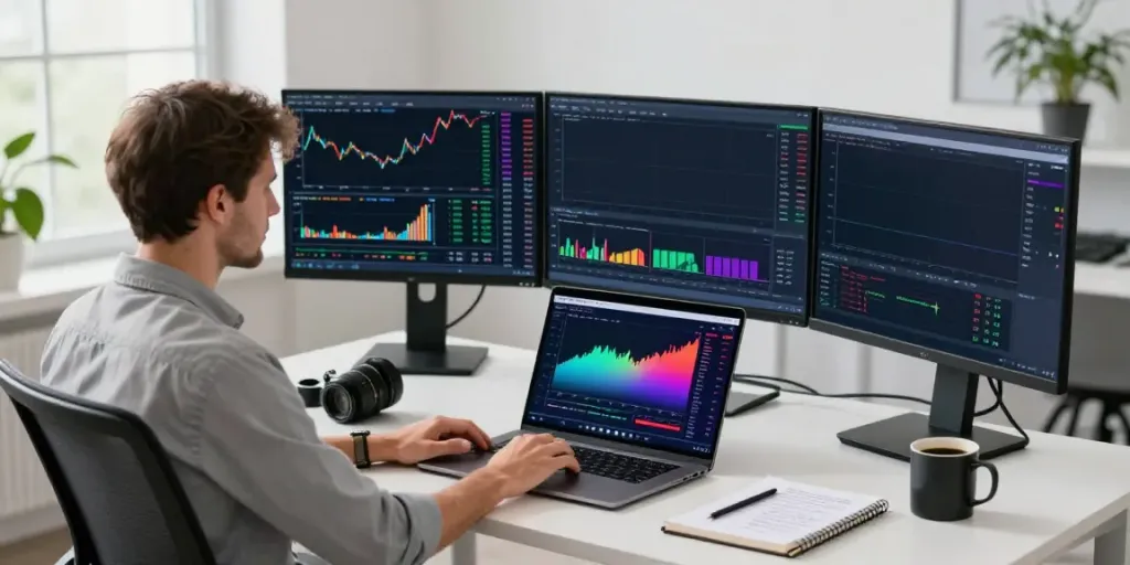 Trader using TradingView on multiple screens in a modern workspace.