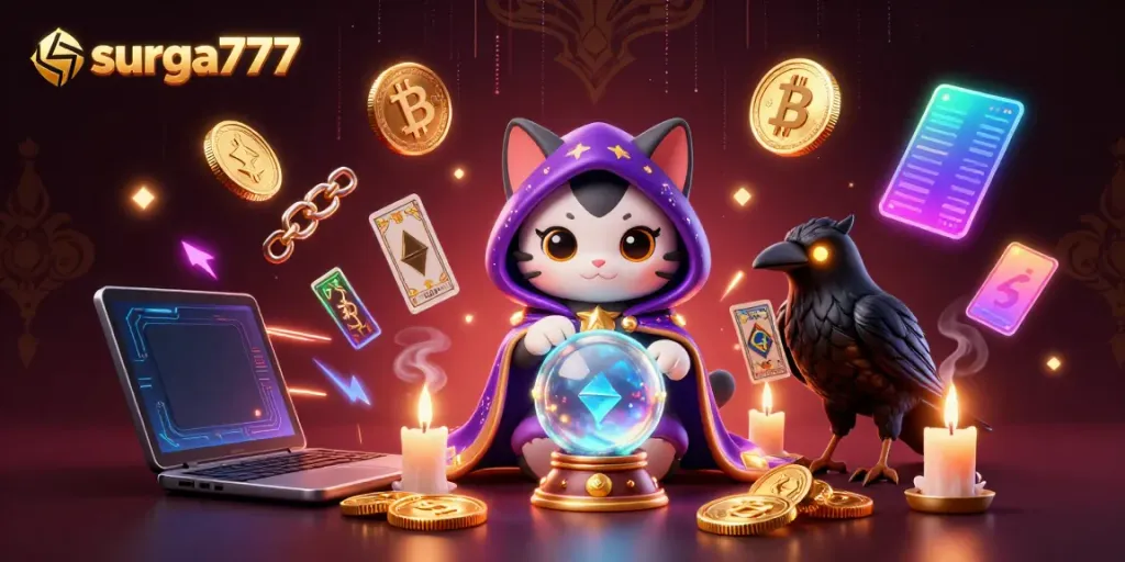 Engage in the vibrant action at surga777 with mystical characters and cryptocurrency elements.