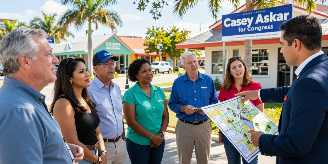 Engaged voters discussing Casey Askar's campaign in a vibrant Florida community.