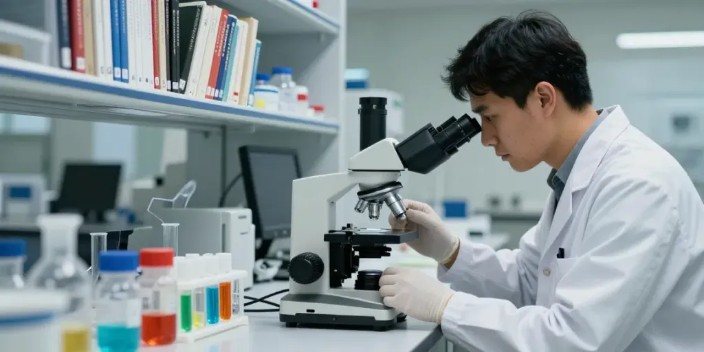 SwissChems researcher analyzing peptide samples in a modern lab.