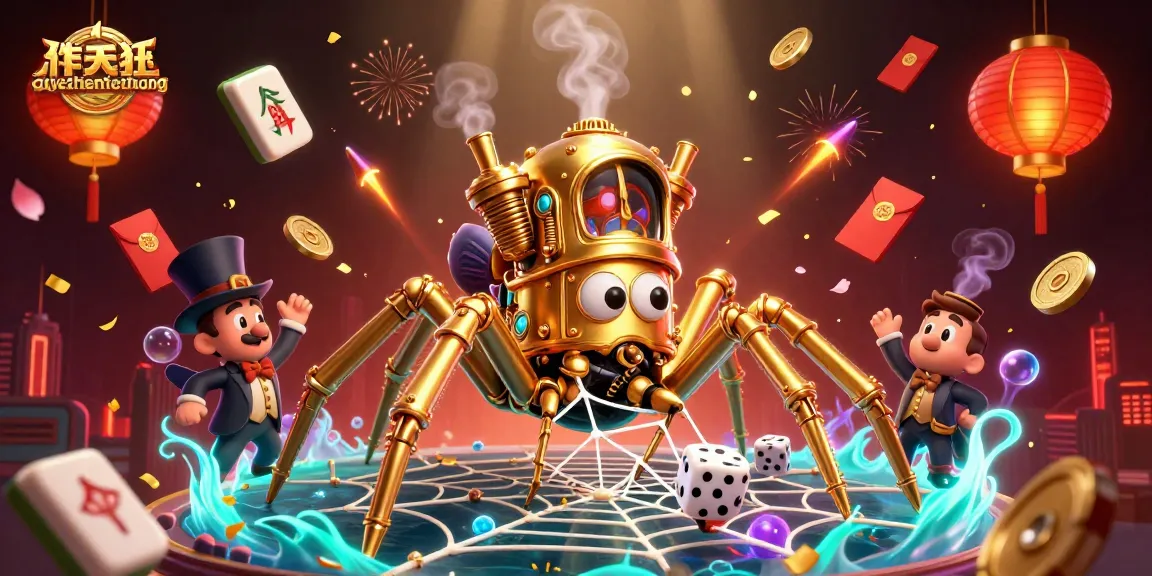 Engage in excitement with quyetchientienthuong, featuring a dynamic scene of a golden spider catching dice amidst festive casino elements.