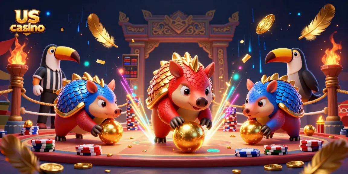 Competing pangolins in armor rolling golden balls in a lively us casino scene with vibrant effects.