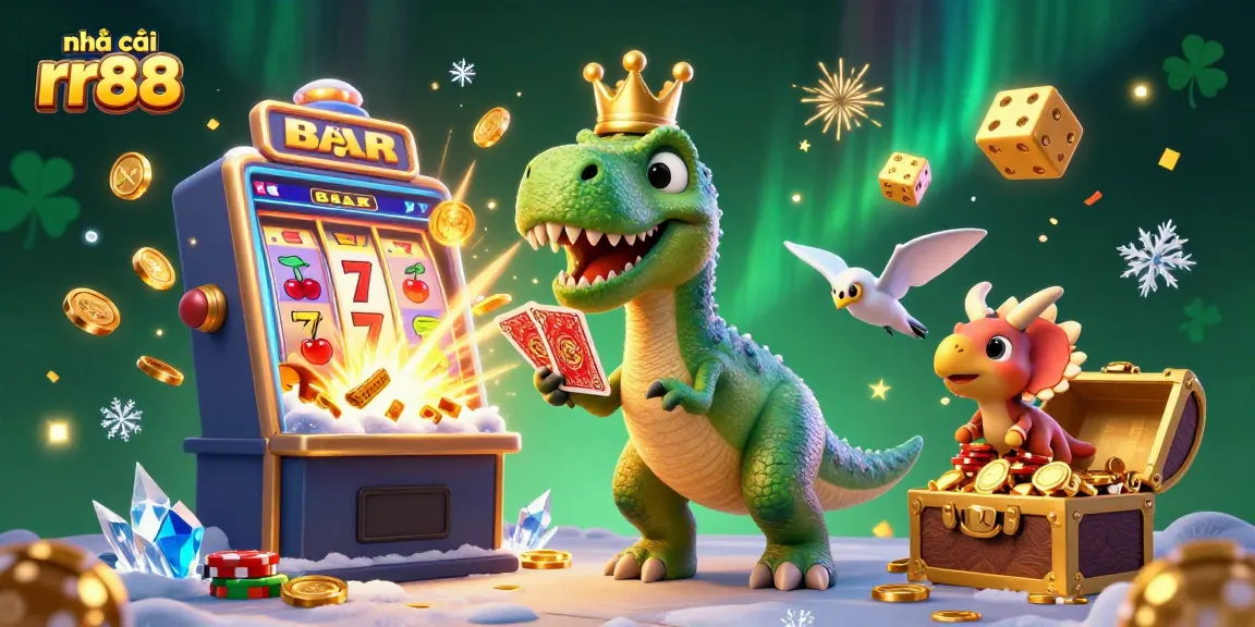Experience the excitement of nhà cái rr88 with a playful T-Rex, Pterodactyl assistant, and baby Triceratops in a vibrant casino scene.