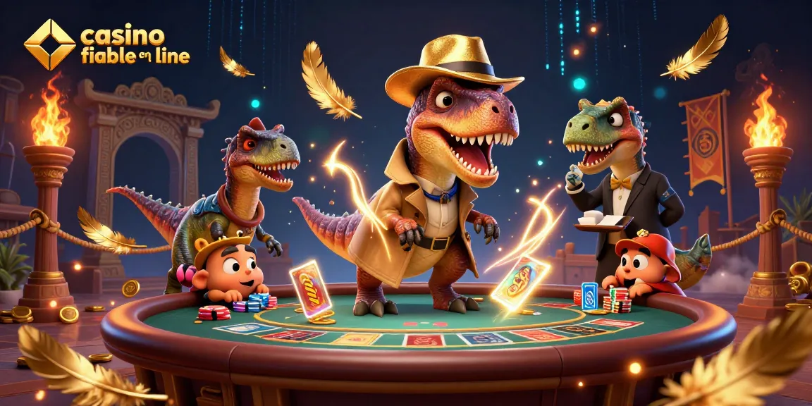 Illustration dynamique représentant un casino fiable en ligne avec un vélociraptor, un stégosaure, et un petit compy.