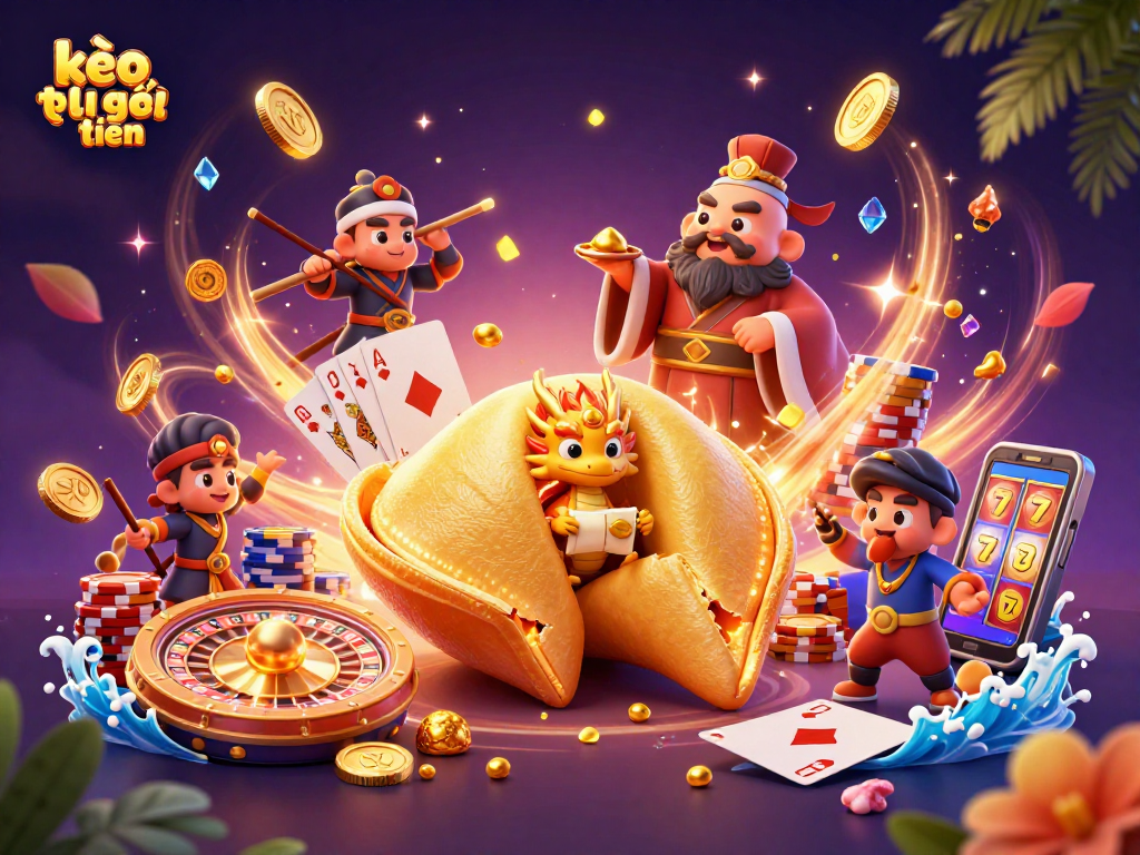 Engage with kèo trực tuyến through an exciting 3D illustration featuring gold coins, dragons, and more.