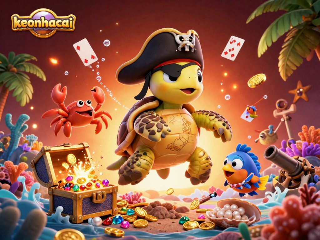 Engage with keonhacai's vibrant casino world, featuring a pirate turtle, treasure, and card games.