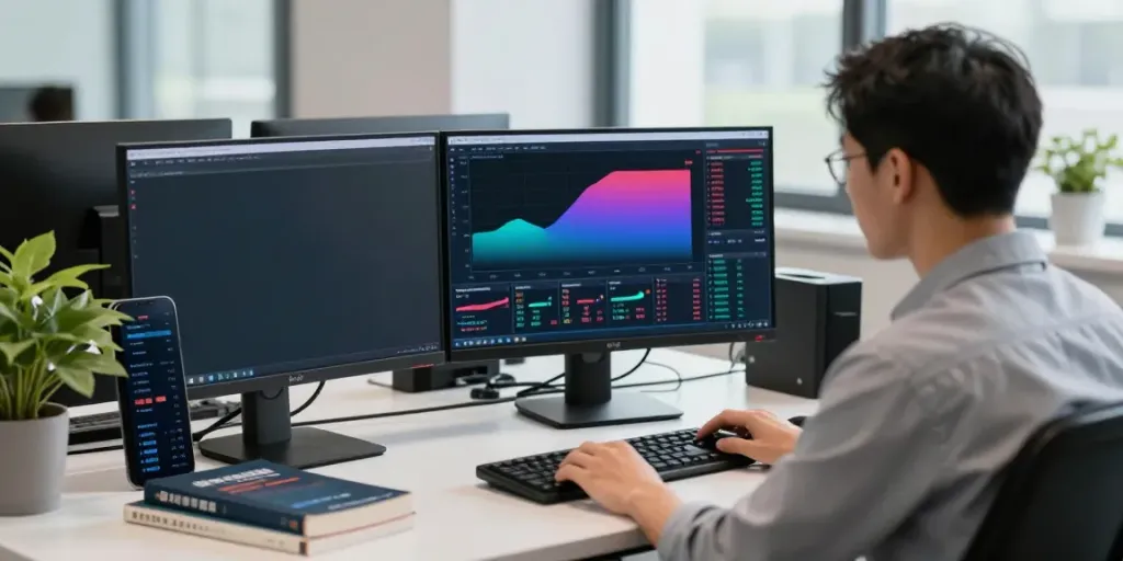 Trader using MetaTrader 5 on dual screens in a modern workspace.