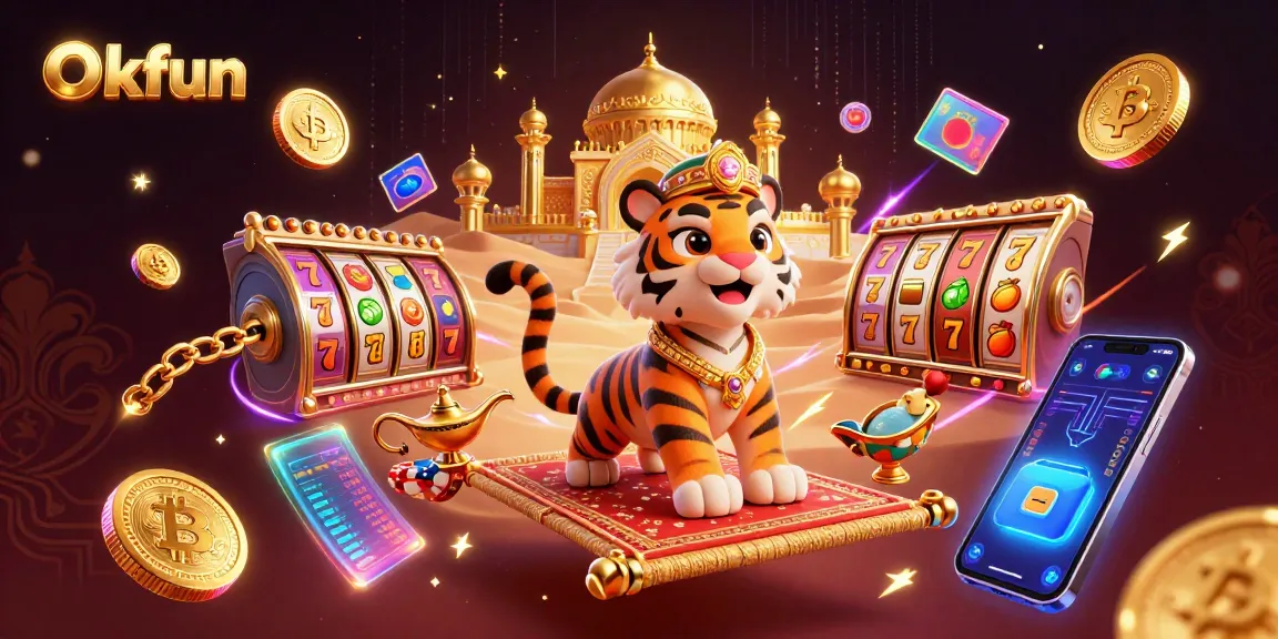 Play with Okfun's captivating slot reels and coins in a magical Arabian nights theme.