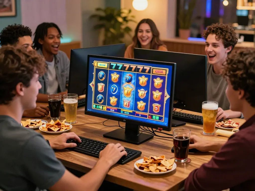Permainan slot777 online yang dinamis dengan teman-teman bersenang-senang di sekitar komputer.