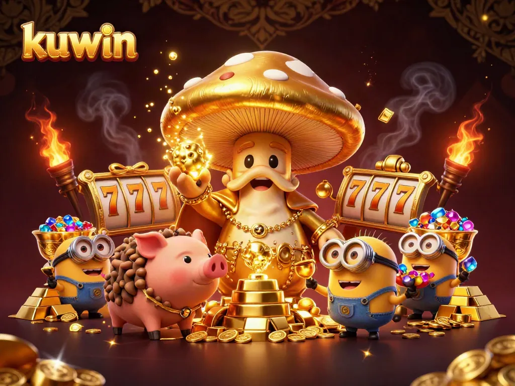 Kuwin's gold-rich casino scene featuring vibrant characters and slot reels for exciting gameplay.