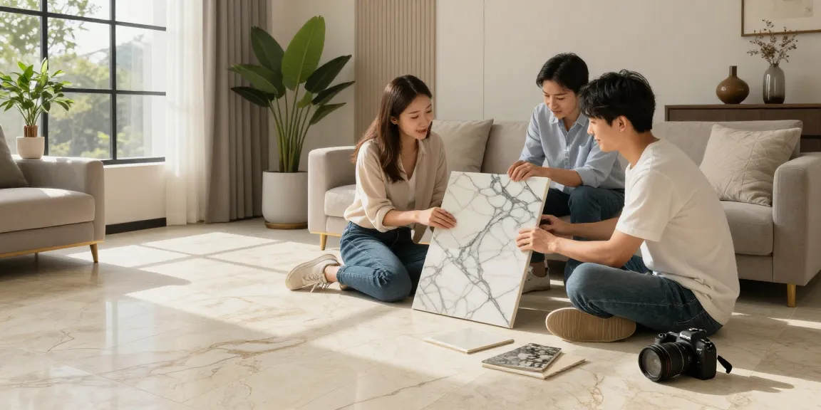 Designer discussing NAGA2000 premium stone flooring options in a stylish home.