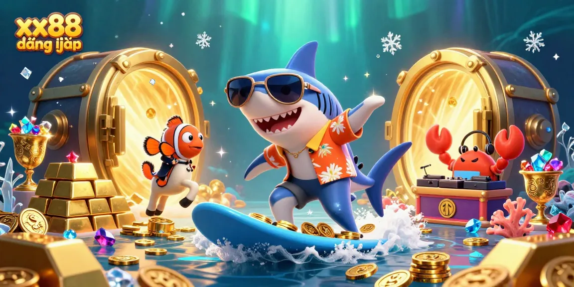 Surfing on gold coins, the shark brings excitement to xx88 đăng nhập gaming with vibrant treasure.