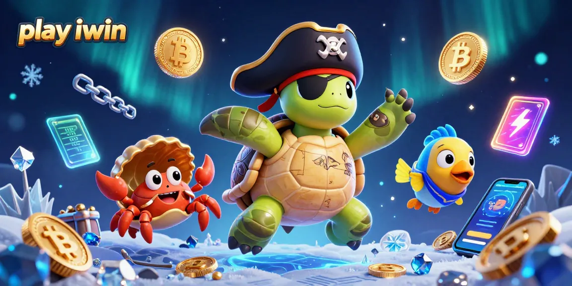 Play iwin with a vibrant 3D illustration of pirate turtles and crypto elements.