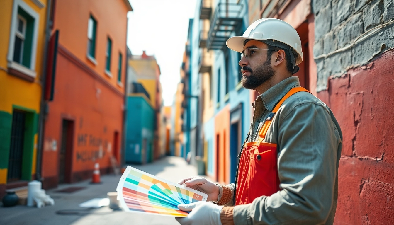 Engaged commercial painter working on colorful urban buildings with professional tools.
