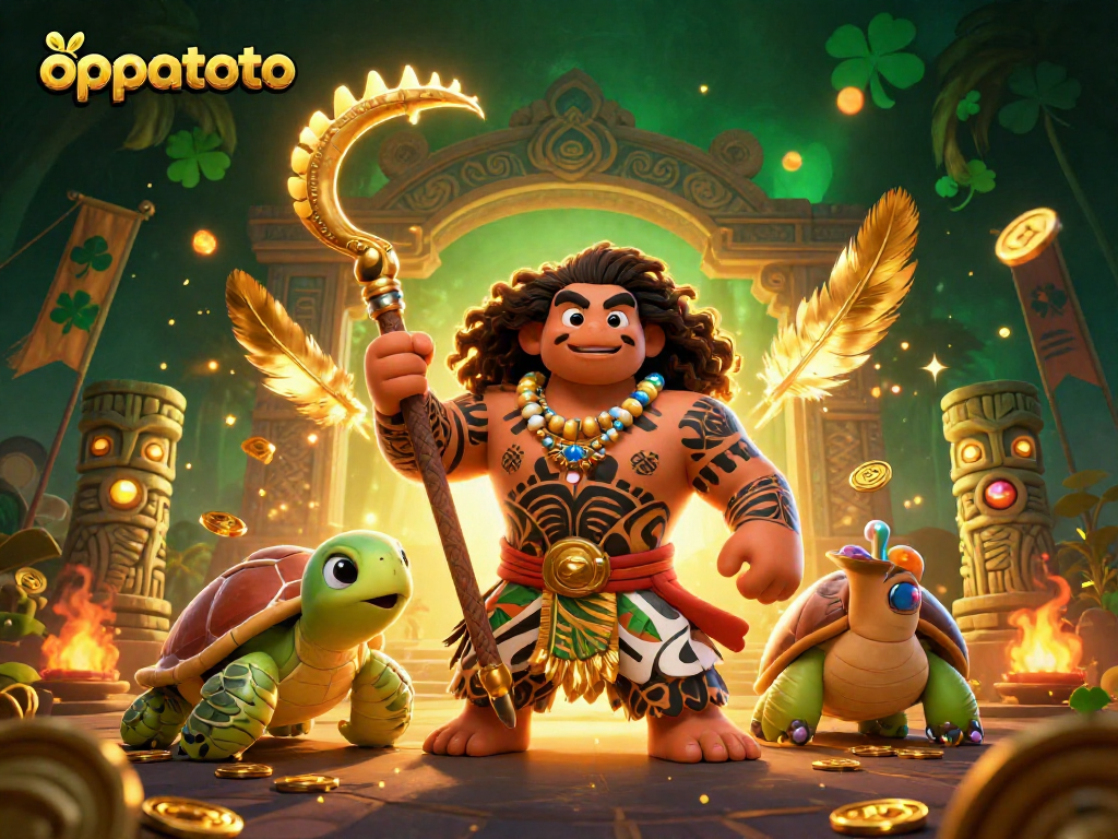 Spin the reels with oppatoto's vibrant characters and golden tokens in a dynamic casino scene.