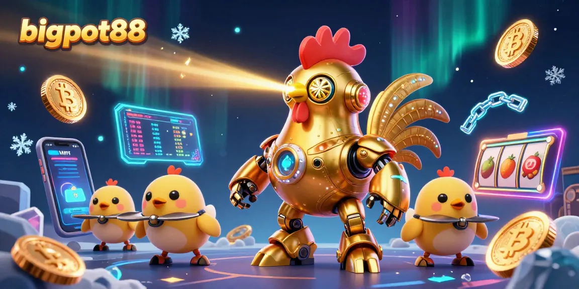 Engage with bigpot88's thrilling casino games featuring a golden rooster robot and baby chick drones.