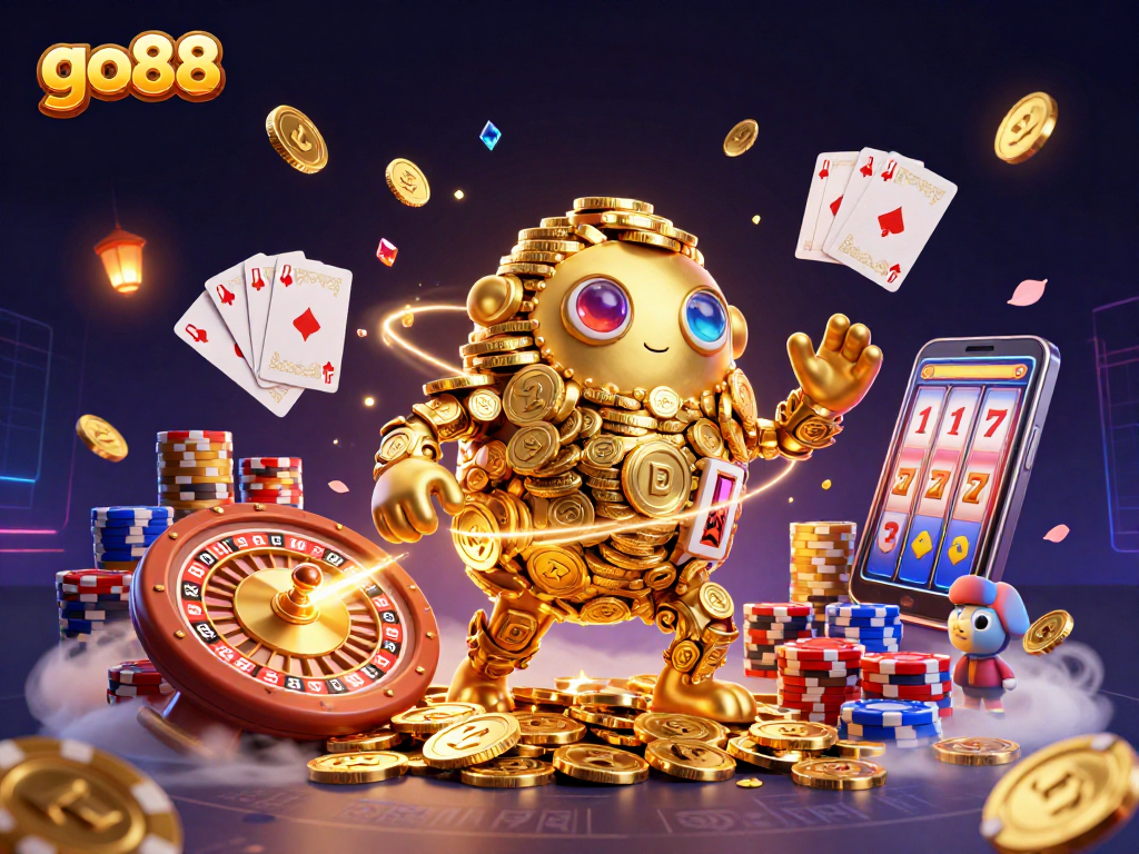 Experience go88's excitement with a golden golem amidst dazzling casino elements.