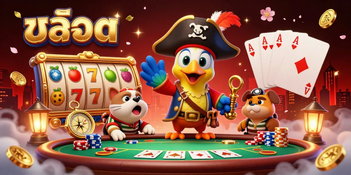 Spin the reels of สล็อต with a dynamic 3D illustration showcasing colorful slot elements and gambling character interactions.