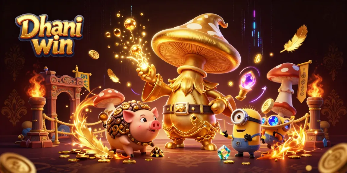 Dhani win excitement depicted through a 3D scene with magical characters, gold treasures, and casino elements.