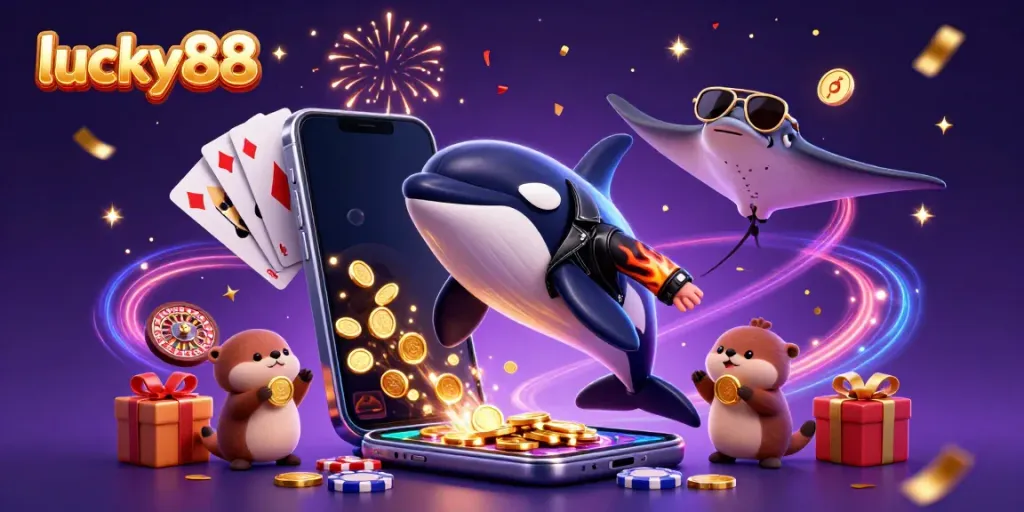 Experience interactive gaming with lucky88, featuring playful sea creatures and vibrant casino symbols.