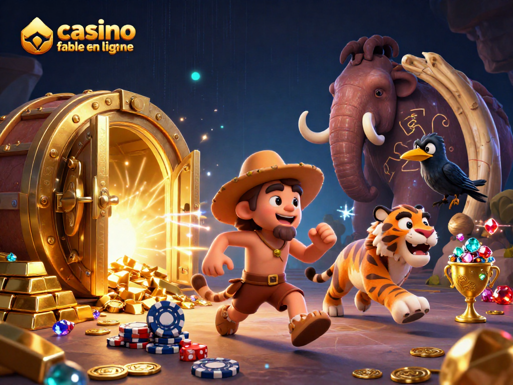 Visitez un casino fiable en ligne avec des jeux captivants et des personnages uniques dans cette illustration colorée.