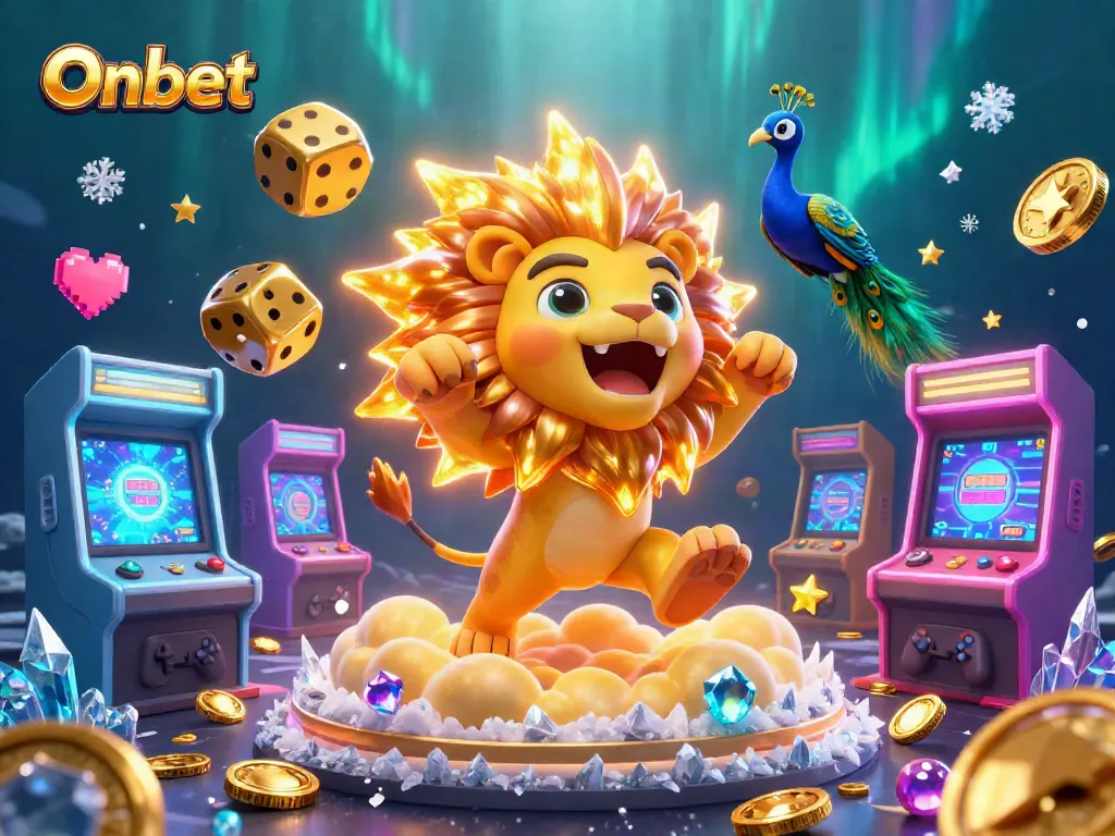Engage with Onbet's vibrant gaming scene featuring a roaring lion and dynamic casino elements.