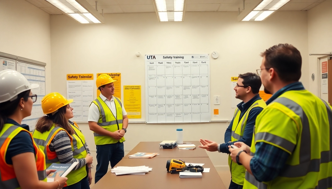 Engaged participants at a UTA safety training calendar texas session in a bright classroom setting.