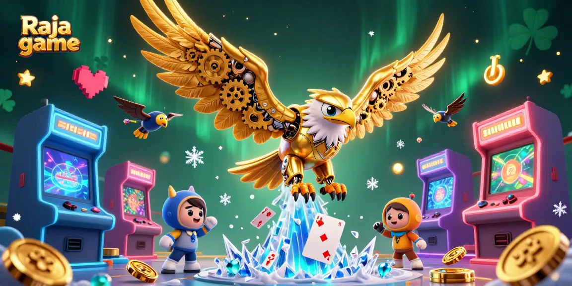 Experience thrilling action in Raja game with a golden eagle navigating a vibrant, holographic casino world.