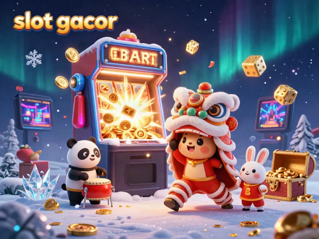 Menangkan jackpot di slot gacor dengan karakter lucu dalam pertunjukan singa dan dekorasi kasino.
