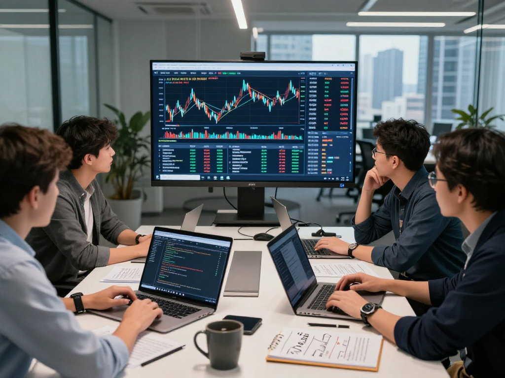 Developers collaborating on multi-ticker India stock API in modern workspace.