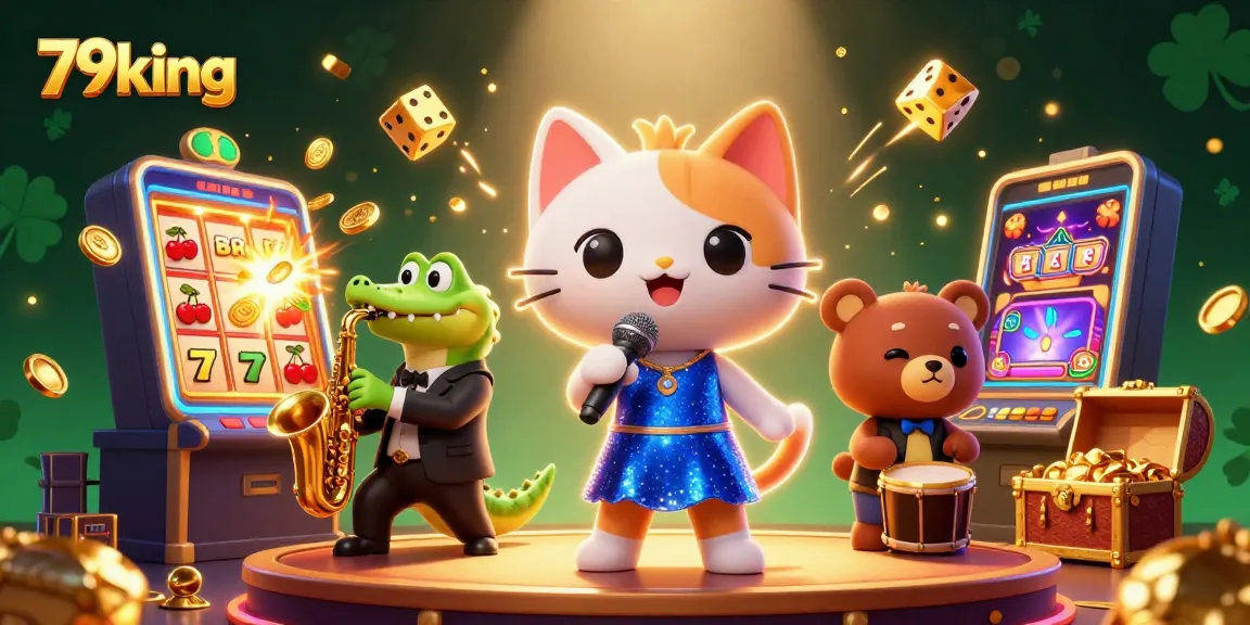 Engage with the vibrant 79king casino scene featuring a jazz-singer cat and slot machine jackpot!