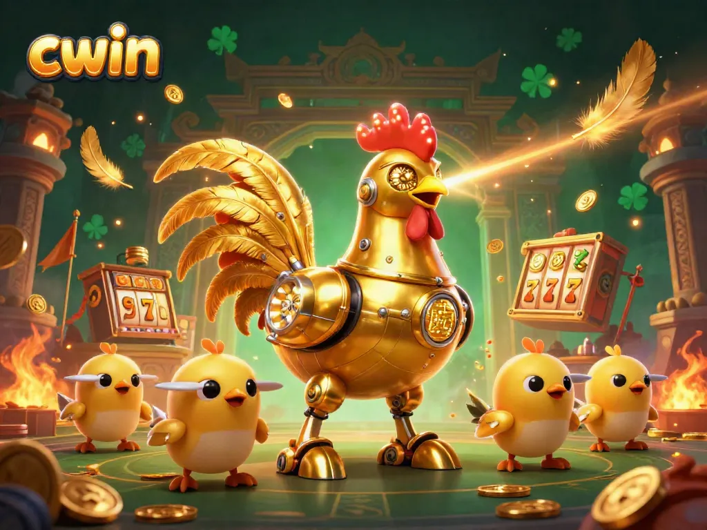 Engage with CWIN's vibrant gaming scene featuring a golden rooster robot and casino elements.