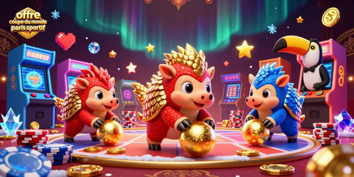 Offre coupe du monde paris sportif : deux pangolins s'affrontent en bowling parmi des jetons de poker.