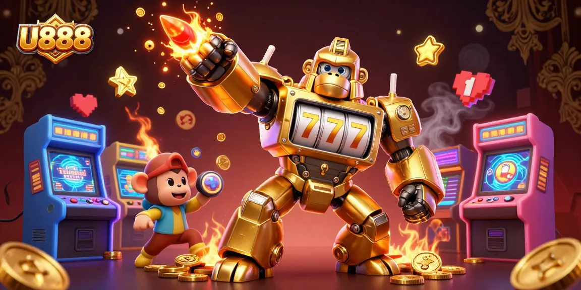 U888's exciting casino adventure showcases a golden gorilla mech amidst vibrant game machines and coins.