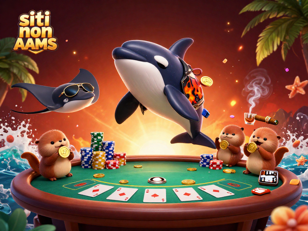 Gioca nei siti non AAMS con un'illustrazione allegra e colorata di un'orca e una razza sul tavolo da poker.