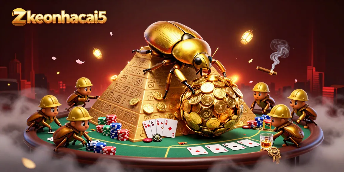 Experience winning moments in zkeonhacai5's vibrant casino adventure with golden beetles and poker scenes.
