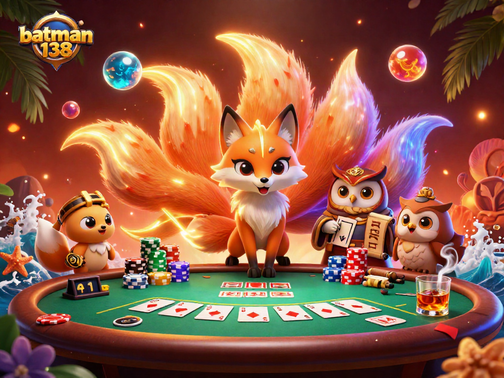 Engage with batman138 at a vibrant poker scene featuring a colorful nine-tailed fox spirit and wise owl.