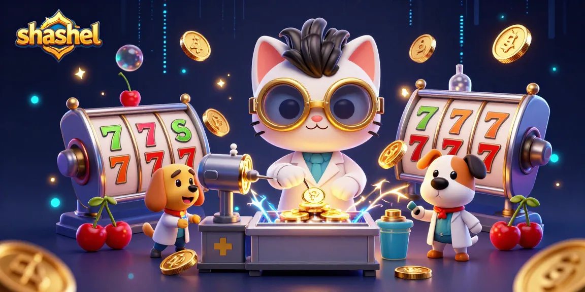 Shashel showcases a vibrant casino scene with a cartoon cat and dog spinning slot machines for big wins.