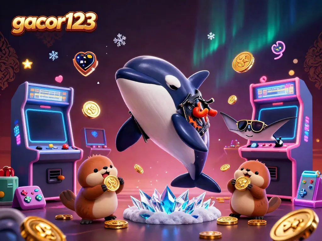 Engage with gacor123's exciting casino adventure featuring a vibrant 3D whale, stingray, and otters with gold coins.
