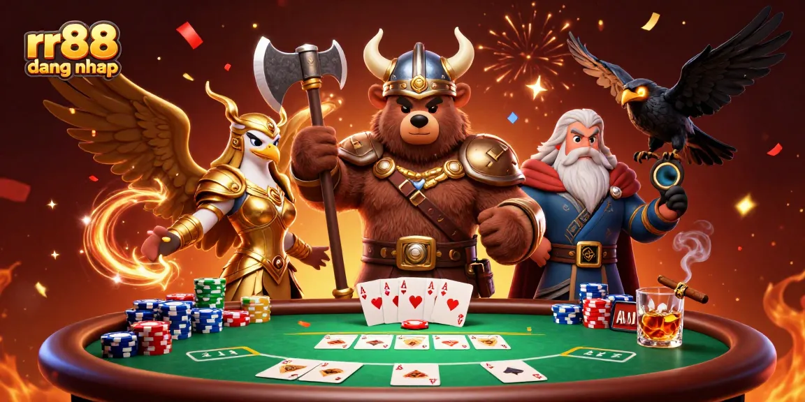 Experience rr88 dang nhap with a vibrant scene of a Viking bear, Valkyrie eagle, and poker elements.