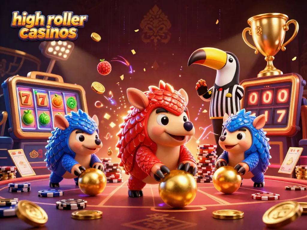 Experience high roller casinos with pangolins bowling through poker chips in a vibrant casino scene.