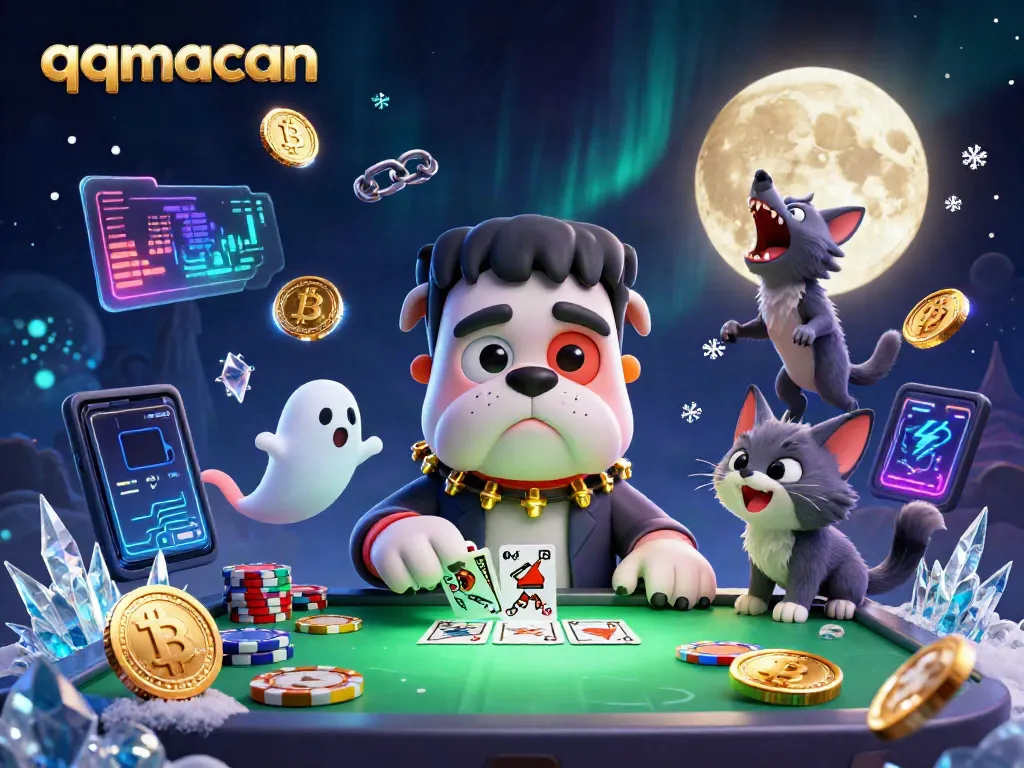 Experience thrilling gameplay at qqmacan with vibrant characters and crypto elements in a 3D casino illustration.